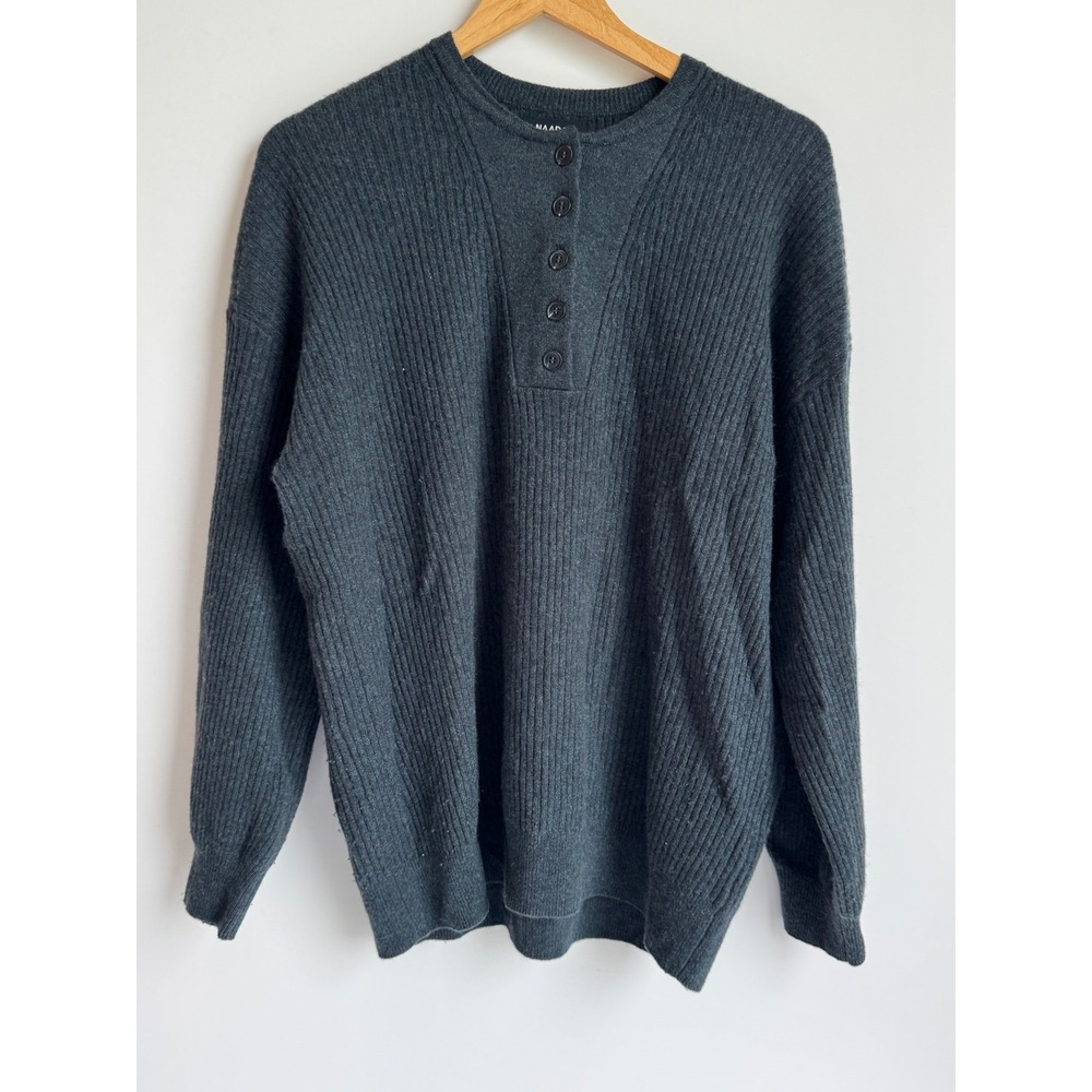Naadam 100% Cashmere Henley Sweater Charcoal green ribbed Knit Minimalist Small